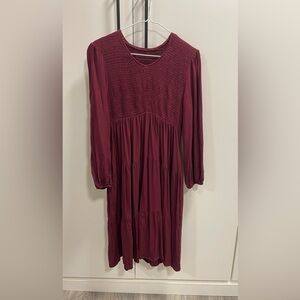 Maroon Smocked Midi Tiered Dress